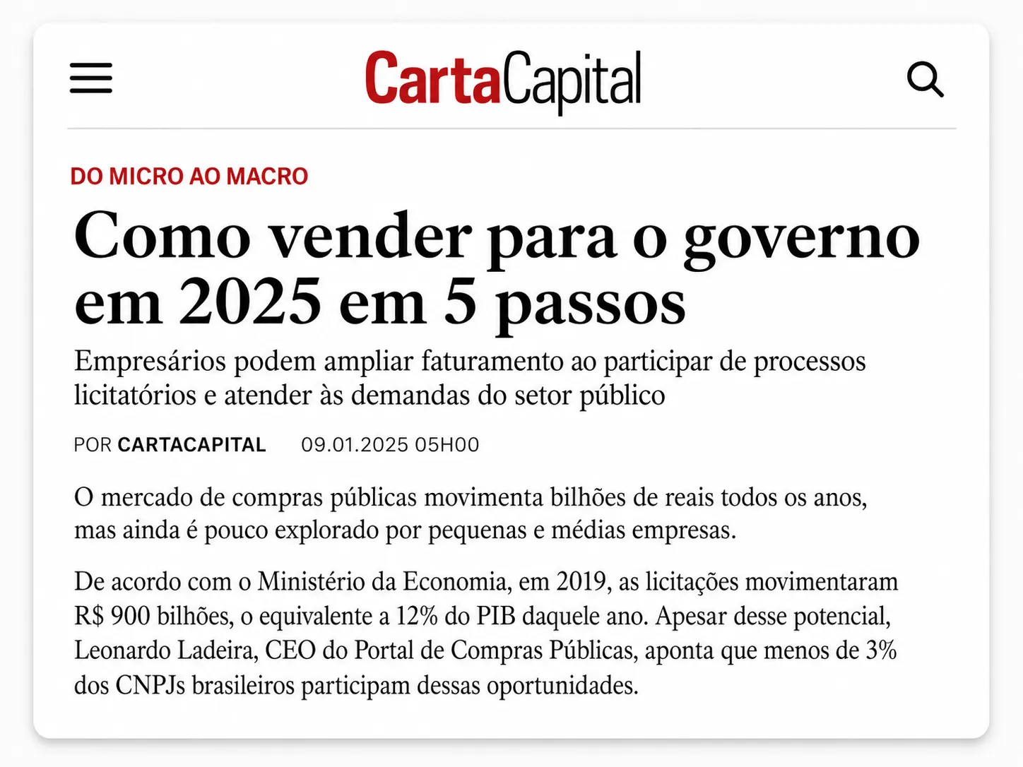Manchete da CartaCapital: Como vender para o governo em 2025 em 5 passos, menos de 3% dos CNPJs participam