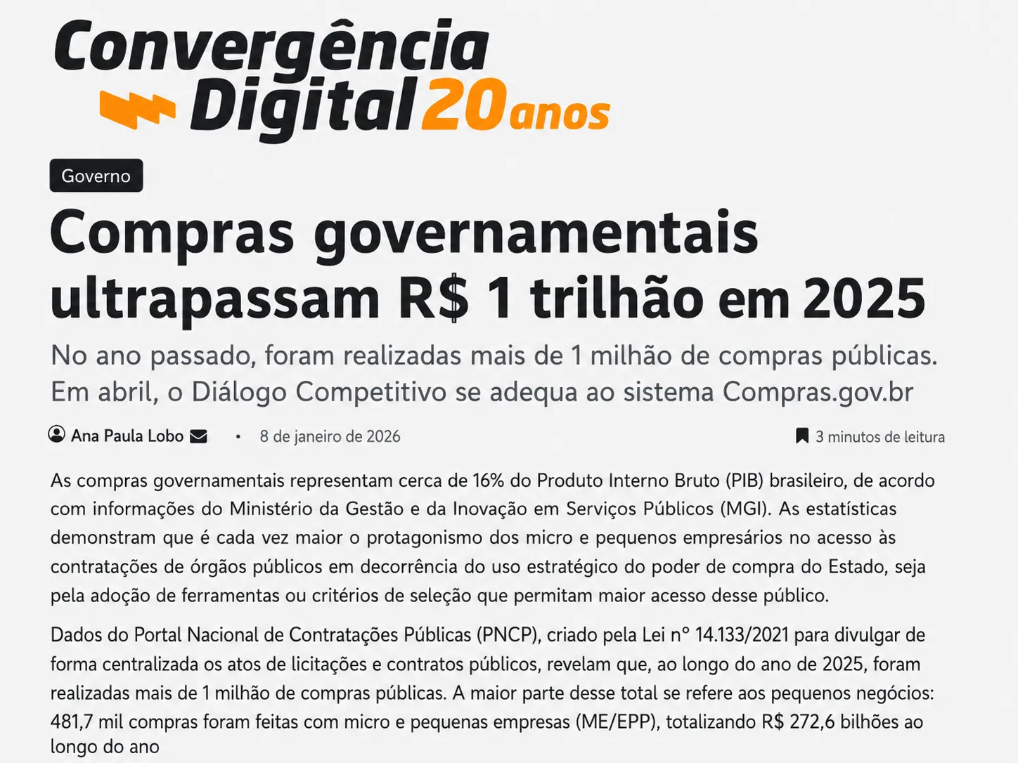 Manchete da Convergência Digital: Compras governamentais ultrapassam R$ 1 trilhão em 2025